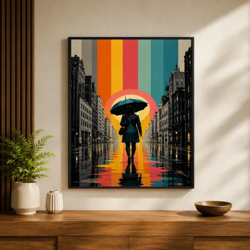 Retro Rainy City Street Canvas Print - Vintage Rainbow Reflection Wall Art