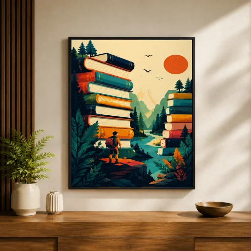 Retro Mountain Stacked Books Canvas Print - Vintage Reader Wanderlust Wall Art