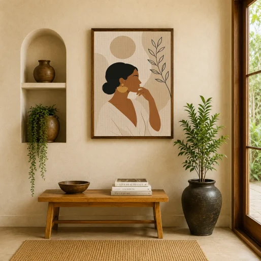Minimalist Thinking Woman Canvas Print - Warm Ochre & Botanical Line Art Boho Wall Art