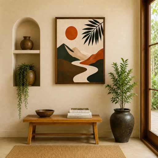 Minimalist Mountain Landscape Canvas Print - Terracotta Sun & Winding River Boho Wall Art