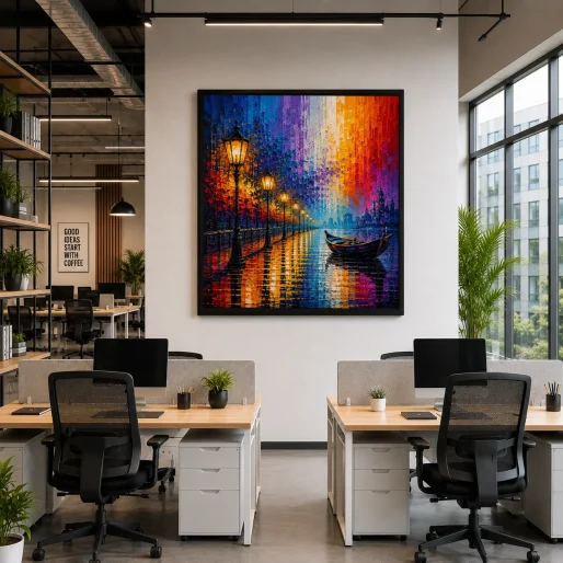 European Waterfront Streetscape Color Maximal Canvas Print - Retro Impasto Night Cityscape Wall Art