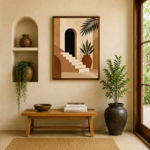 Boho Architecture Canvas Wall Art – Minimalist Moroccan Arch and Stairs Geometric Desert