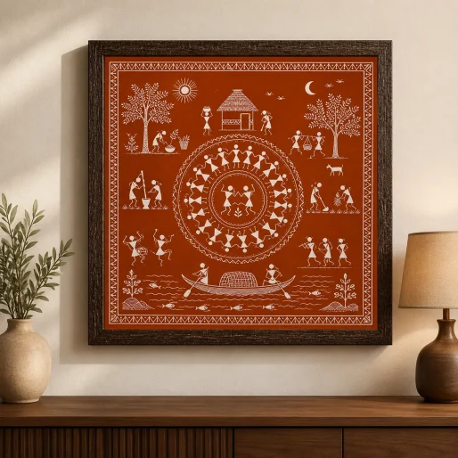 Traditional Warli Village Life & Celebration Canvas Print - Indian Tribal Wall Art