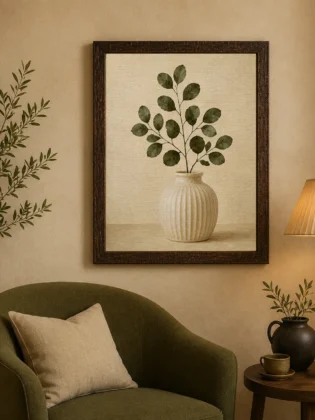 Minimalist Botanical Branch in Ceramic Vase Canvas Print - Warm Neutral Leaf Still Life Wall Art