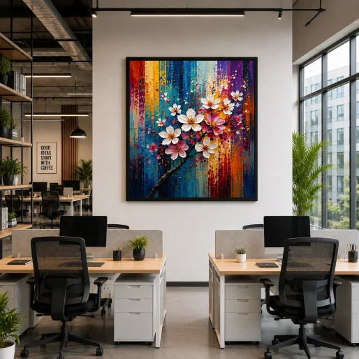 Cherry Blossom Branch Color Maximal Canvas Print - Retro Impasto Floral Wall Art