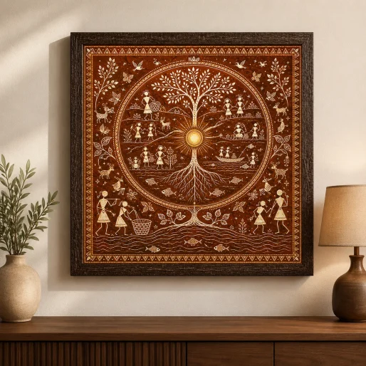 Warli Sacred Tree of Life Canvas Print - Golden Sun Indian Tribal Wall Art