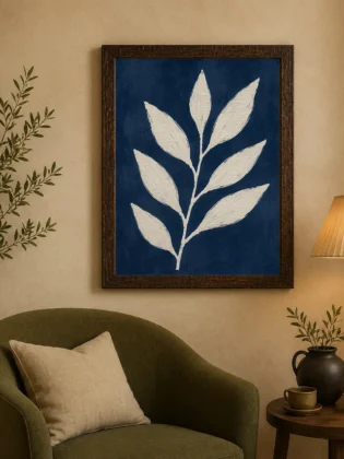 Cream Leaf Branch Canvas Print - Navy Blue Botanical Wall Art