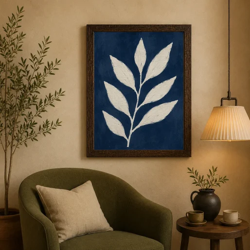 Cream Leaf Branch Canvas Print - Navy Blue Botanical Wall Art
