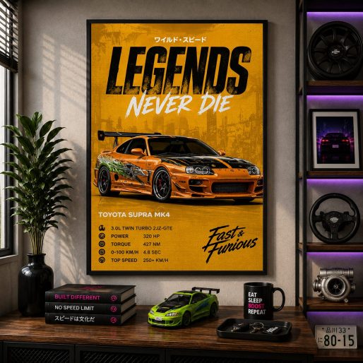 Toyota Supra MK4 JDM Wall Art – Fast & Furious Orange Legends Never Die Canvas