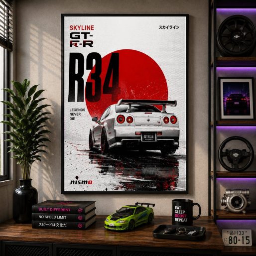 JDM Nissan Skyline GT-R R34 Canvas Poster – Nismo Legends Never Die Japanese Car Wall Art