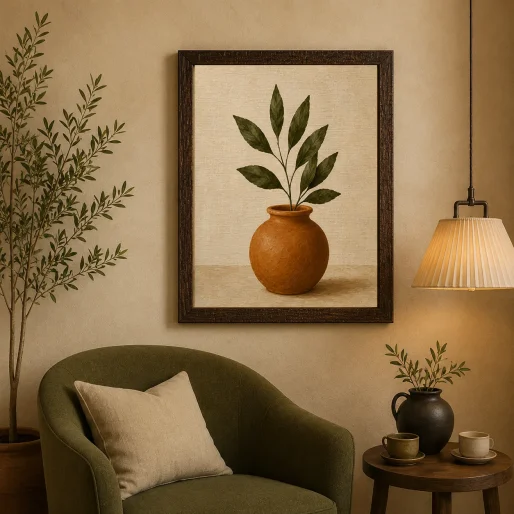 Minimalist Terracotta Vase with Green Leaves Canvas Print - Earthy Botanical Still Life Wall Art