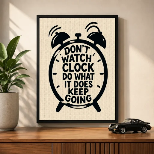 Retro Alarm Clock Typography Canvas Print – "Don't Watch The Clock, Keep Going"