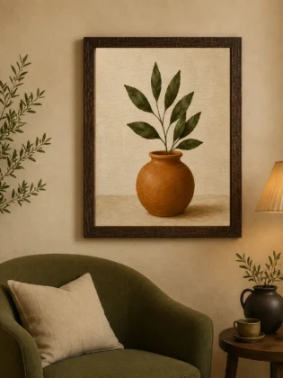 Minimalist Terracotta Vase with Green Leaves Canvas Print - Earthy Botanical Still Life Wall Art