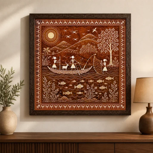 Warli River Fishing & Mountain Scene Canvas Print - Traditional Indian Tribal Wall Art