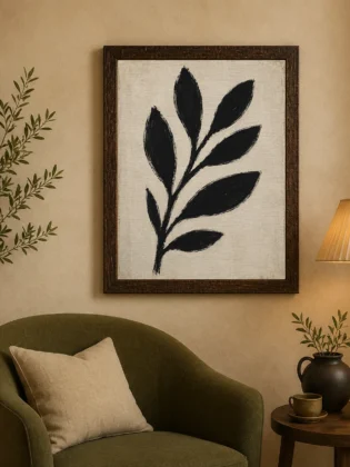 Minimalist Black Leaf Branch Canvas Print - Beige Abstract Botanical Wall Art