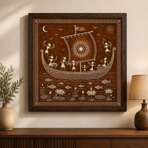 Warli Royal Boat & Voyage Canvas Print - Traditional Indian Tribal Wall Art | Dual Color He