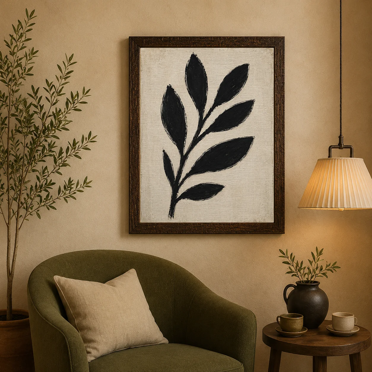 Minimalist Black Leaf Branch Canvas Print - Beige Abstract Botanical Wall Art
