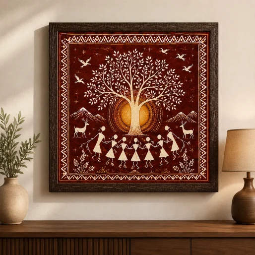 Warli Sacred Tree of Life & Radiant Sun Canvas Print - Traditional Indian Tribal Wall Art