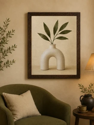 Minimalist Arch Vase with Green Leaves Canvas Print - Warm Cream Botanical Still Life Wall Art