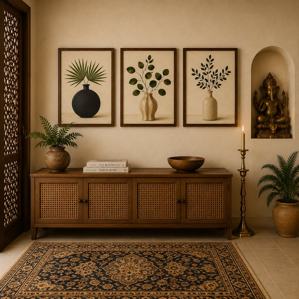 Minimalist Fan Palm & Eucalyptus Canvas Art – Organic Modern Triptych Print Set - Image 2