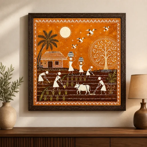Warli Paddy Farming & Harvest Village Canvas Print - Traditional Indian Tribal Wall Art