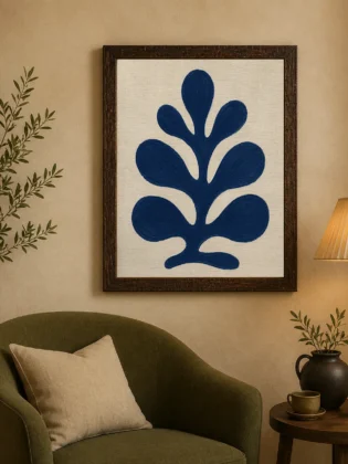 Matisse-Style Abstract Blue Coral & Leaf Canvas Print - Neutral Beige Botanical Wall Art