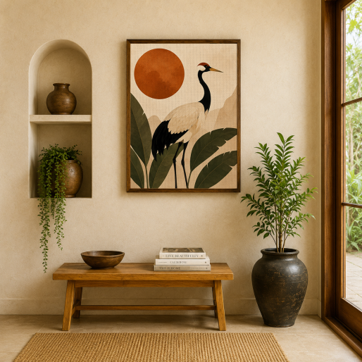 Japanese Red-Crowned Crane Canvas Print - Terracotta Sun & Palm Leaves Boho Wall Art