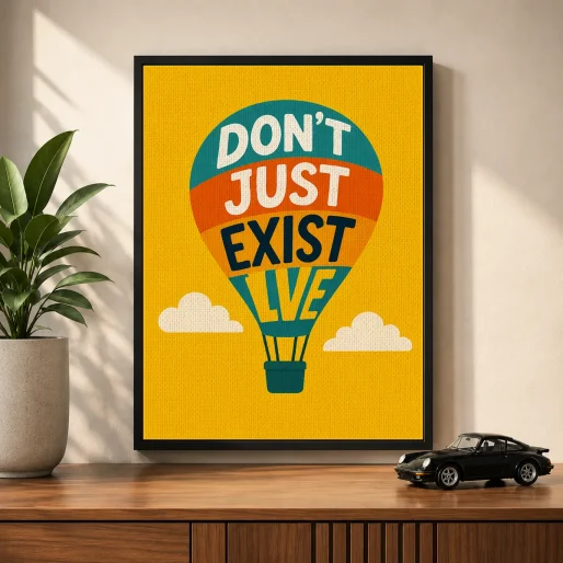 Retro Hot Air Balloon Typography Canvas Print – "Don't Just Exist, Live"