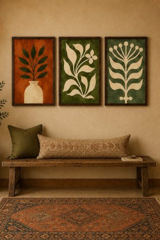 Minimalist Botanical Vases & Blooms Canvas Art – Organic Modern Triptych Print Set