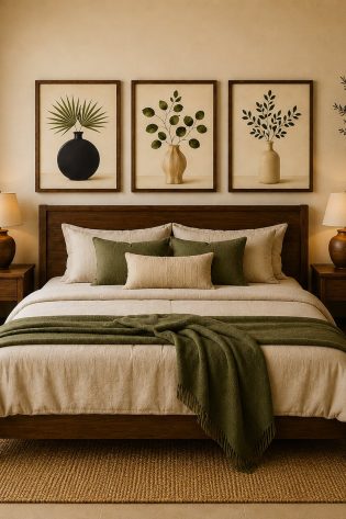 Minimalist Fan Palm & Eucalyptus Canvas Art – Organic Modern Triptych Print Set
