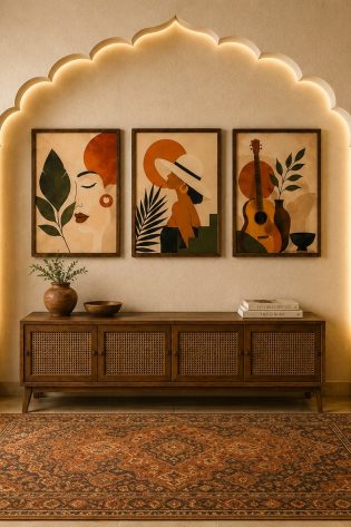 Abstract Acoustic Guitar & Woman Silhouette Canvas Art – Organic Modern Triptych Print Set