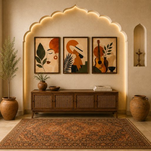 Abstract Acoustic Guitar & Woman Silhouette Canvas Art – Organic Modern Triptych Print Set