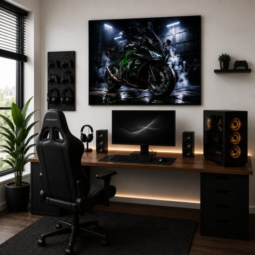 Kawasaki Ninja ZX-10R Motorcycle Wall Art – Smoke Effect Cyberpunk Garage Canvas Print