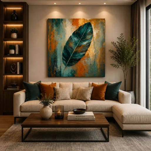 Teal Patina Plume – Textured Abstract Tropical Botanical Illustration