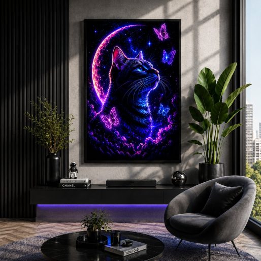 Cosmic Neon Cat & Butterflies – Celestial Mystic Feline Wall Art Blockout Print