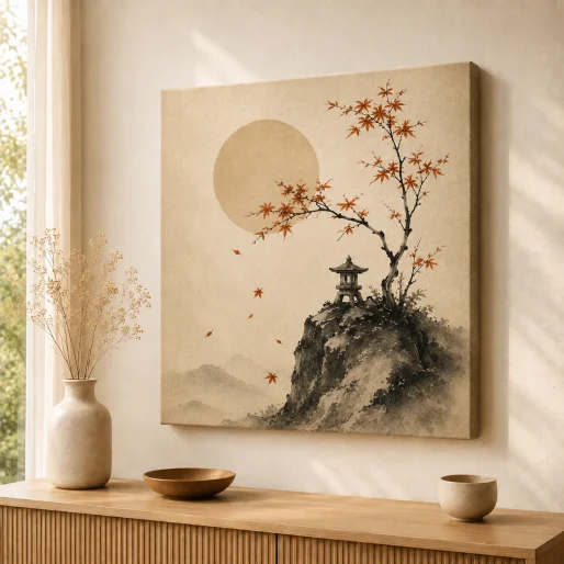 Japanese Autumn Maple & Stone Pagoda Canvas Print – Zen Landscape Wall Art