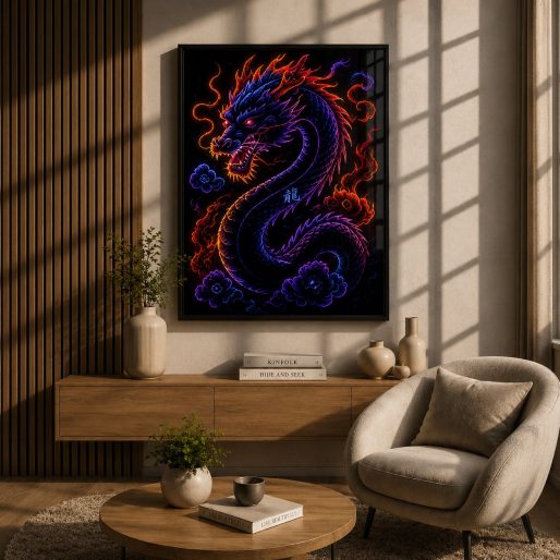 Imperial Neon Celestial Dragon – Mythical Eastern Beast Wall Art Blockout Print