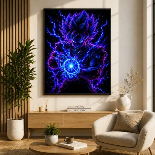 Unleashed Saiyan Aura – Neon Energy Sphere Anime Wall Art Blockout Print