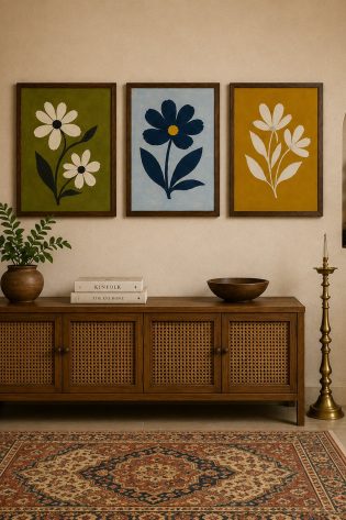 Minimalist Retro Daisies & Wildflower Canvas Art – Organic Modern Triptych Print Set