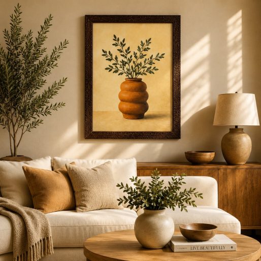Minimalist Terracotta Ribbed Vase & Olive Branch Canvas Art – Organic Modern Botanical Print