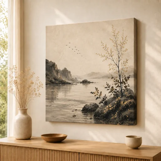 Misty River & Golden Birch Tree Canvas Print – Japandi Minimalist Mountain Landscape Wall Art