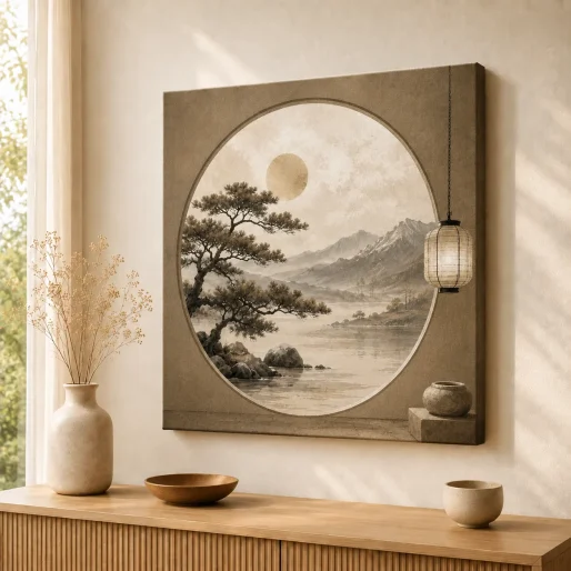 Japanese Moon Window Pine & Mountain Canvas Print – Japandi Wabi-Sabi Zen Landscape Wall Art