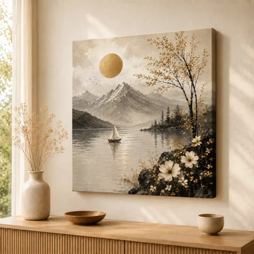 Misty Lake Sailboat & Golden Sun Canvas Print – Japandi Minimalist Mountain Landscape Wall Art