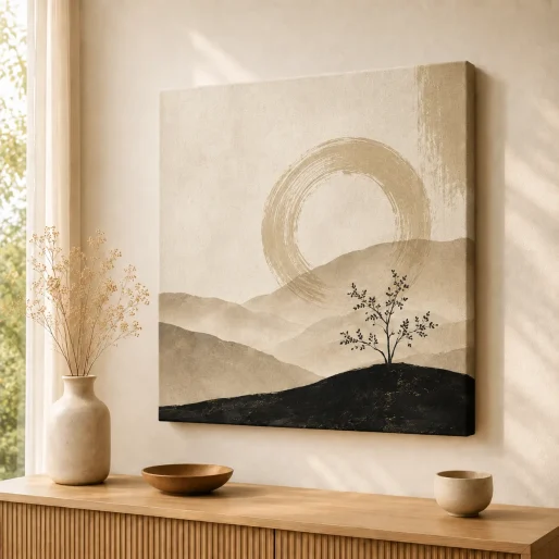 Minimalist Zen Ensō Circle Canvas Print – Abstract Wabi-Sabi Mountain & Tree Wall Art
