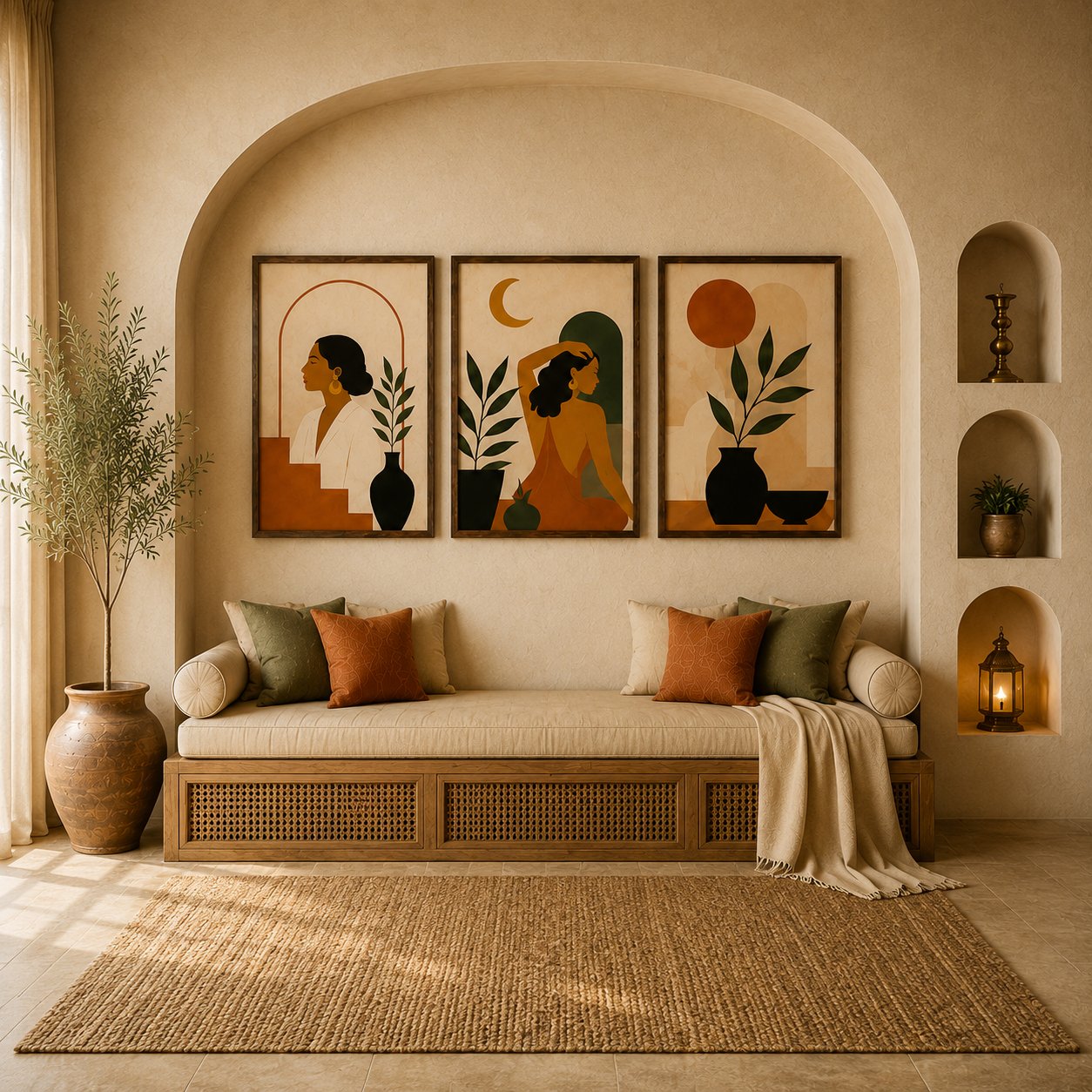 Boho Crescent Moon & Female Silhouette Canvas Art – Earthy Minimalist Portrait Print Set - Image 2