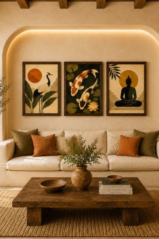 Zen Buddha & Koi Fish Canvas Art – Japanese Crane Organic Modern Triptych Print Set