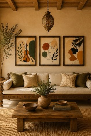 Abstract Minimalist Violin & Woman Silhouette Canvas Art – Organic Modern Triptych Print Set