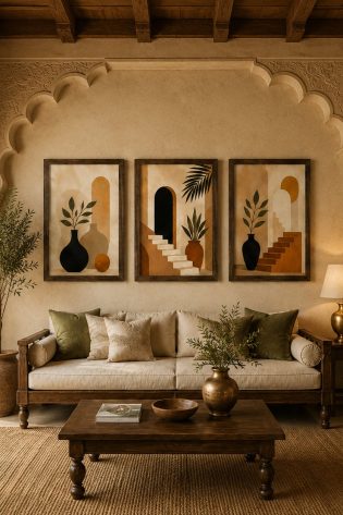 Minimalist Terracotta Arches & Botanical Vases Canvas Art – Organic Modern Triptych Print Set