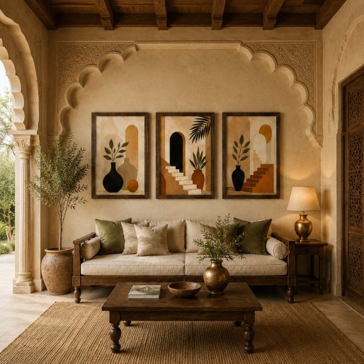 Minimalist Terracotta Arches & Botanical Vases Canvas Art – Organic Modern Triptych Print Set