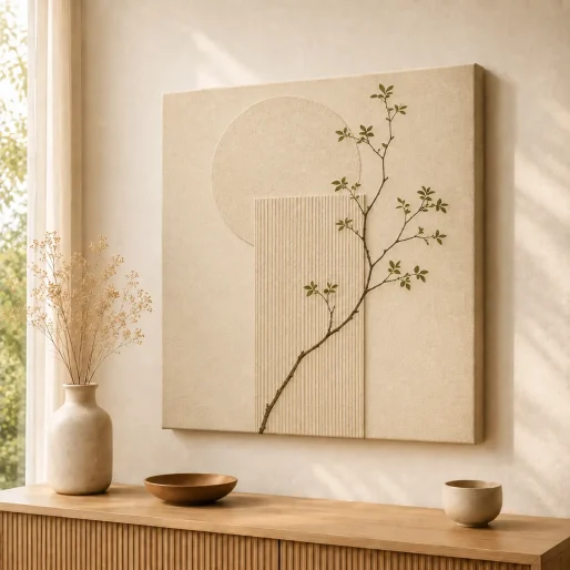 Minimalist Botanical Branch Canvas Print – Japandi Wabi-Sabi Fluted Panel & Circle Abstract Wall Art